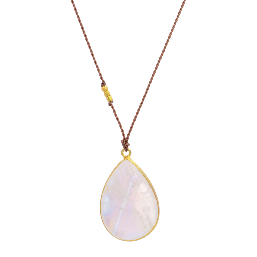 Large Teardrop Bezel Set Rainbow Moonstone Necklace
