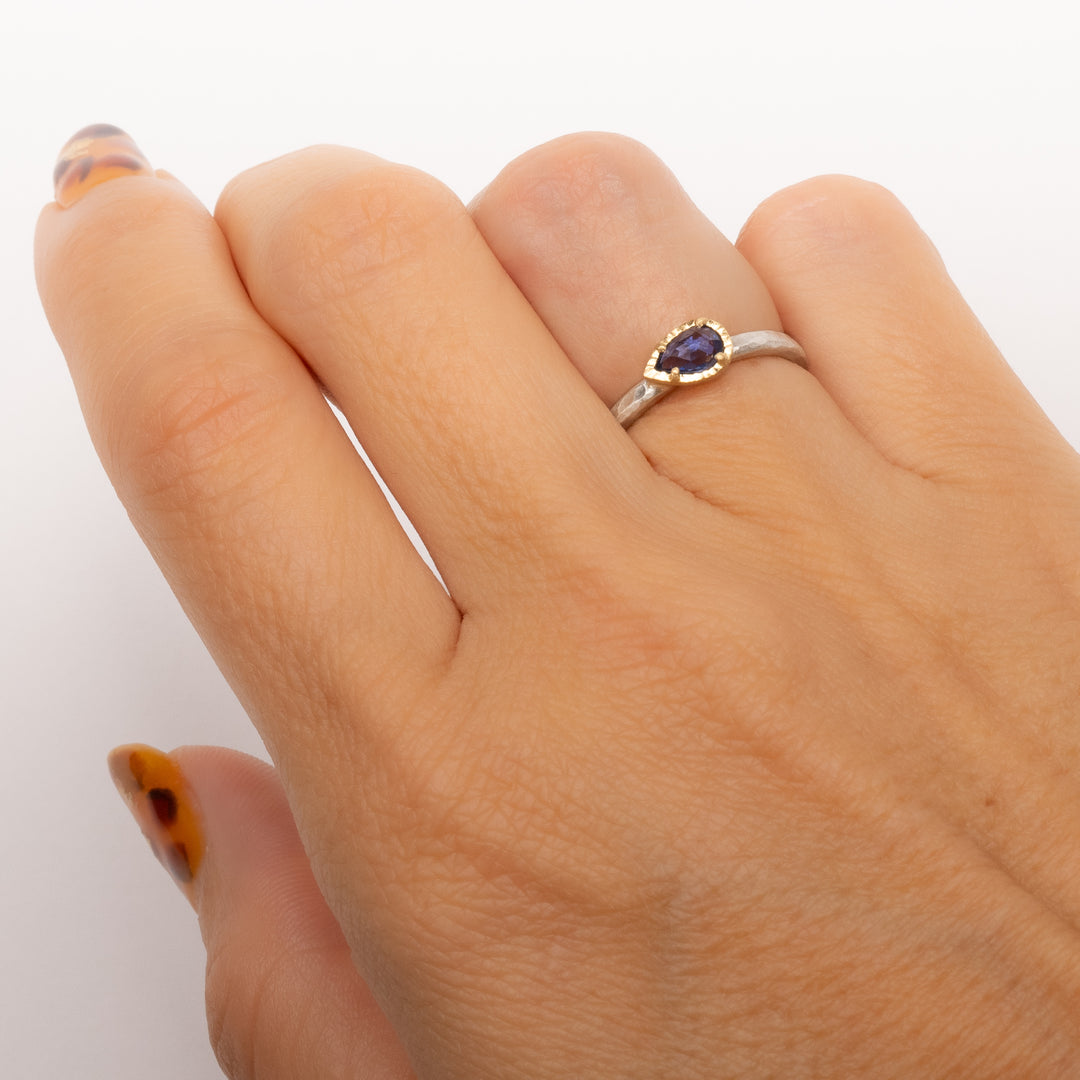 Small Horizontal Pear Blue Sapphire Ring