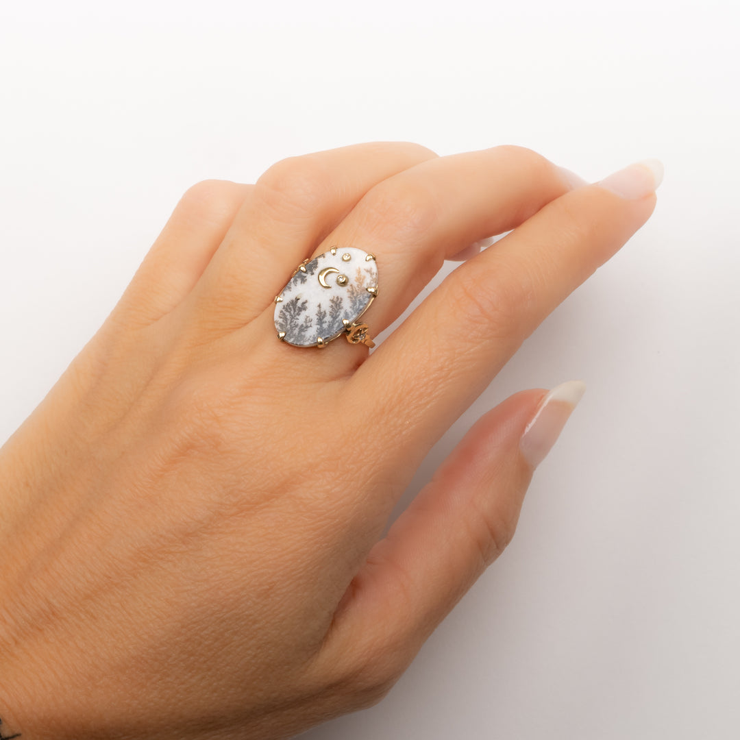 Dendritic Agate Crescent Moon Ring
