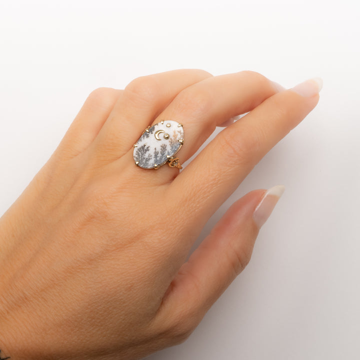 Dendritic Agate Crescent Moon Ring