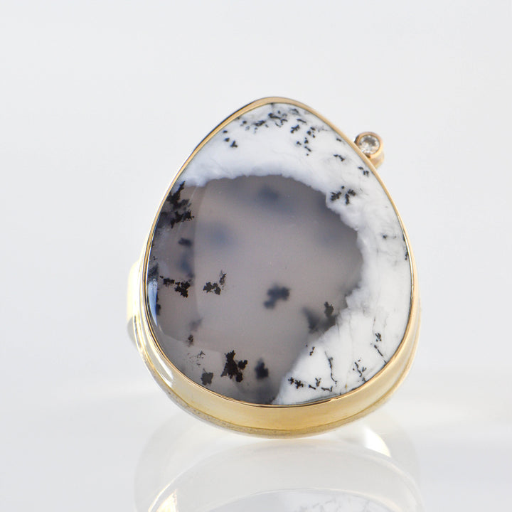 Teardrop Dendritic Opal + Satellite Diamond Ring