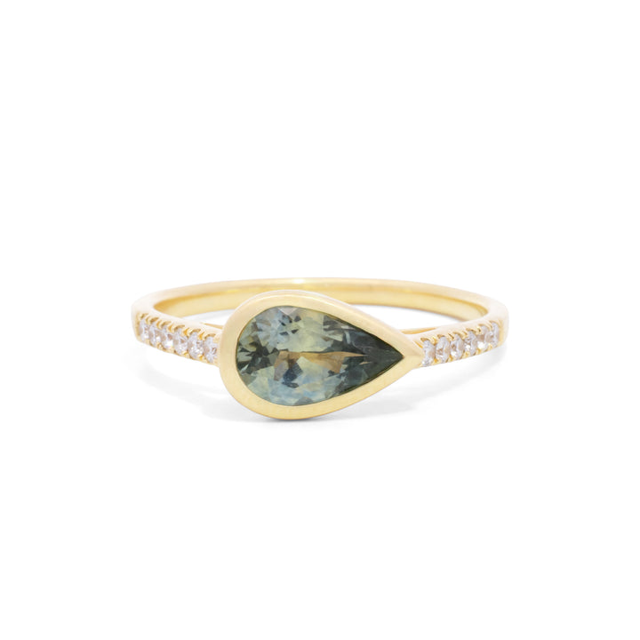 Horizontal Pear Green Sapphire Bezel Set Ring