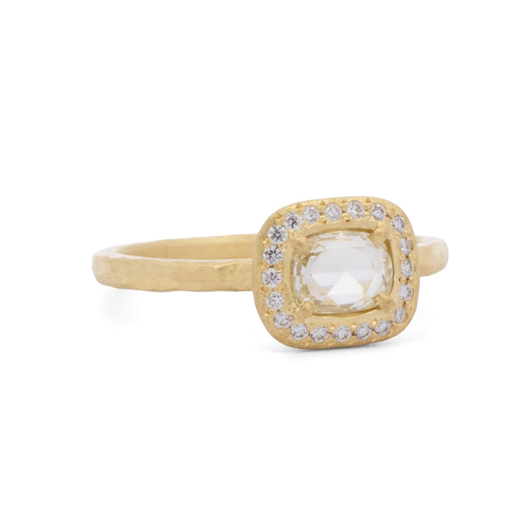 Rose Cut Cushion Champaign Diamond Halo Ring
