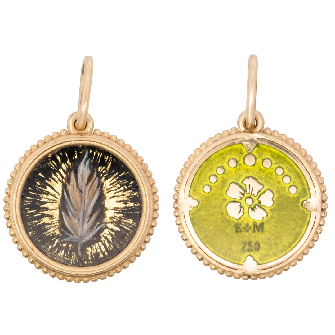 Round Vitreous Enamel Hand Painted Feather Charm
