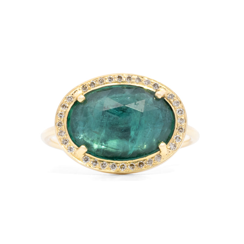 Stella Oval Faceted Emerald with Diamond Halo Ring