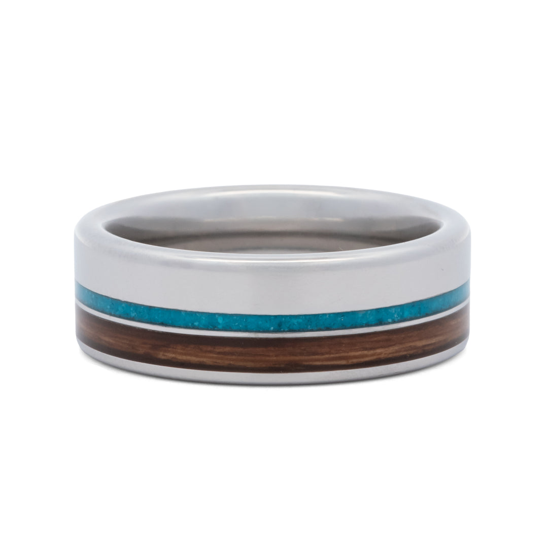 8 mm Serinium with Oak Bourbon Barrel & Turquoise Inlay Ring