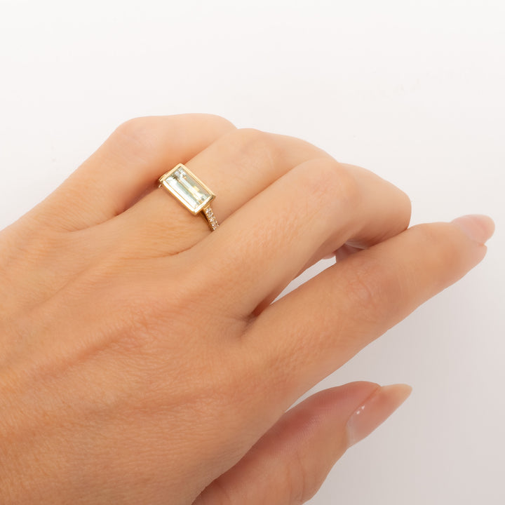 Blue/Green Tourmaline Baguette Cut Bezel Set Ring