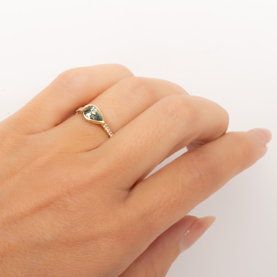 Horizontal Pear Green Sapphire Bezel Set Ring