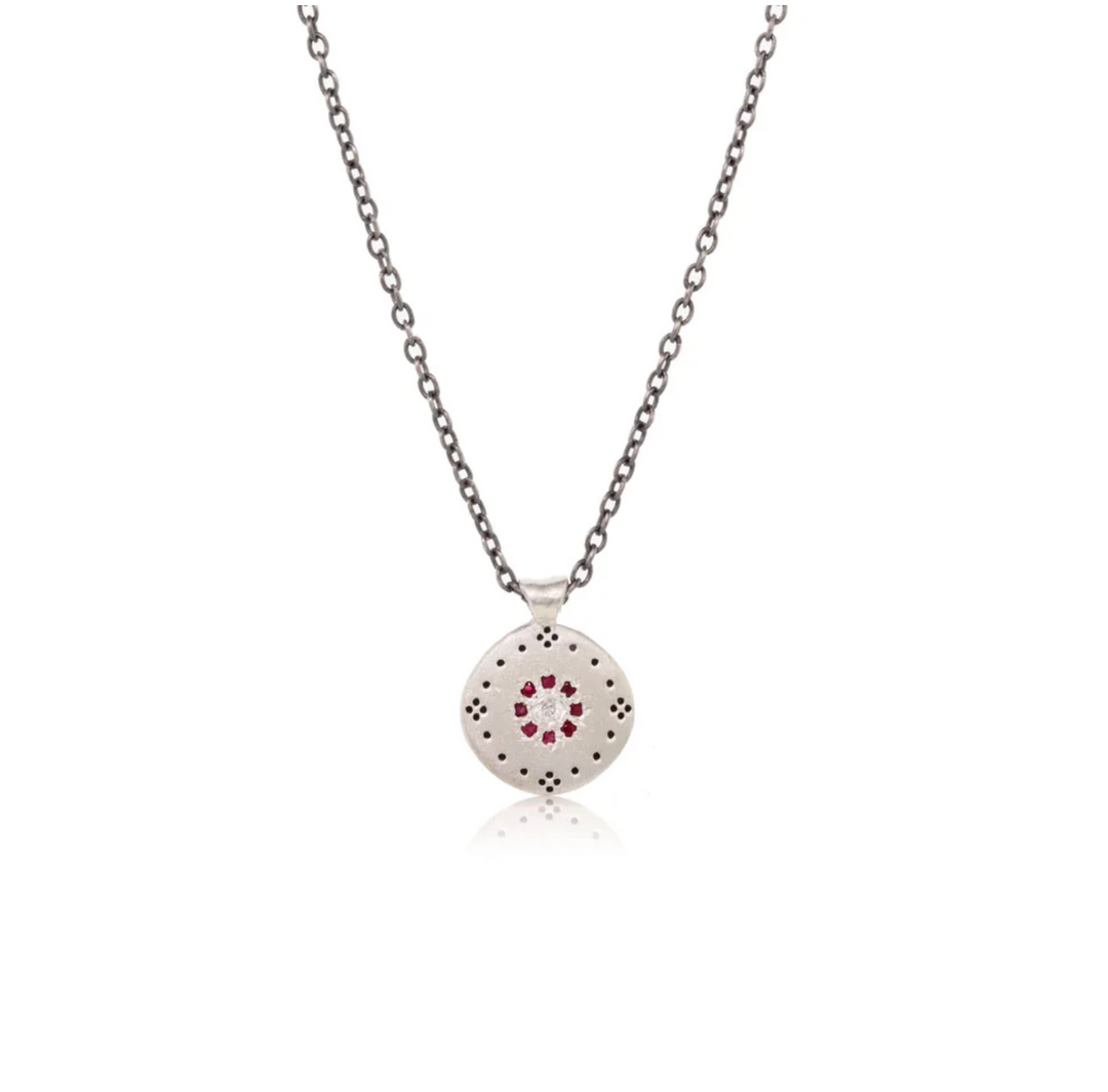 Cluster Diamond & Ruby Pendant Necklace