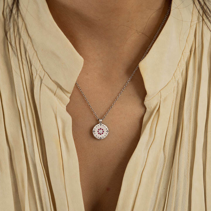 Cluster Diamond & Ruby Pendant Necklace